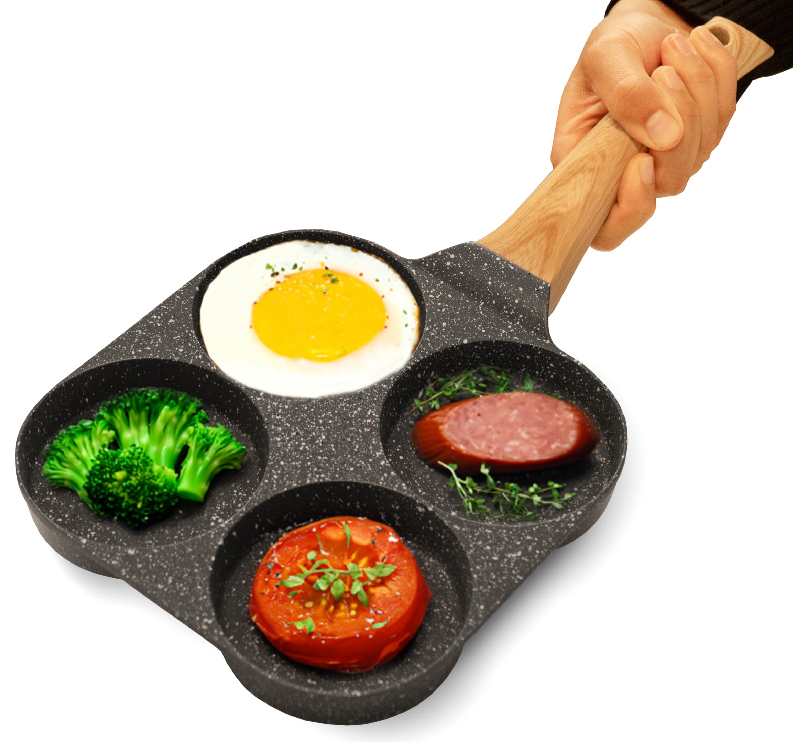 joeji's Kitchen 4 Egg Ring Mini Pancake Frying Pan - Omelette Maker Non Stick - Induction Compatible - Bakelite Handle - Easy and Fun Egg Mould - Cook Healthy Breakfast