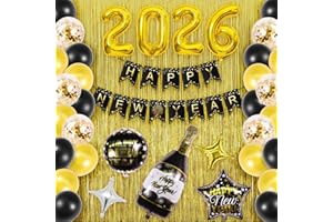 Kusamue Happy New Years Eve Party Decorations Kit, 2026 foil balloons happy new year banner 2 PCS Gold fringe curtains 37PCS 12 Inch Latex Balloons for New Year Party Eve Carnival Greet New Year Kit