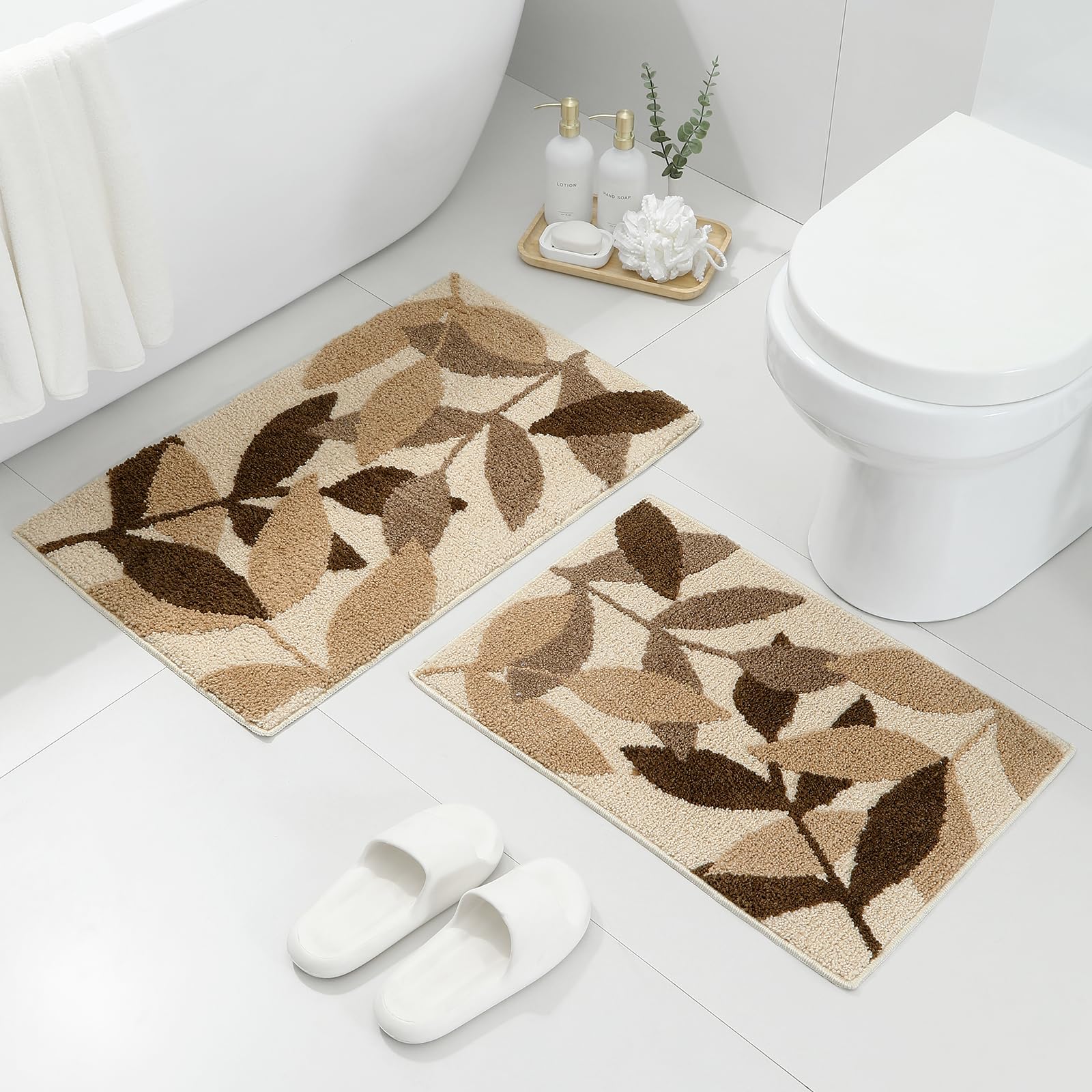 Photo 1 of Gibelle Brown Bathroom Rug Set, Non-Slip Strong Water Absorbent Plush Microfiber Bath Mat Set, Machine Washable Bathroom Floor Mat Cute Shower Rug Indoor Doormat (18"x26"+20"x32")