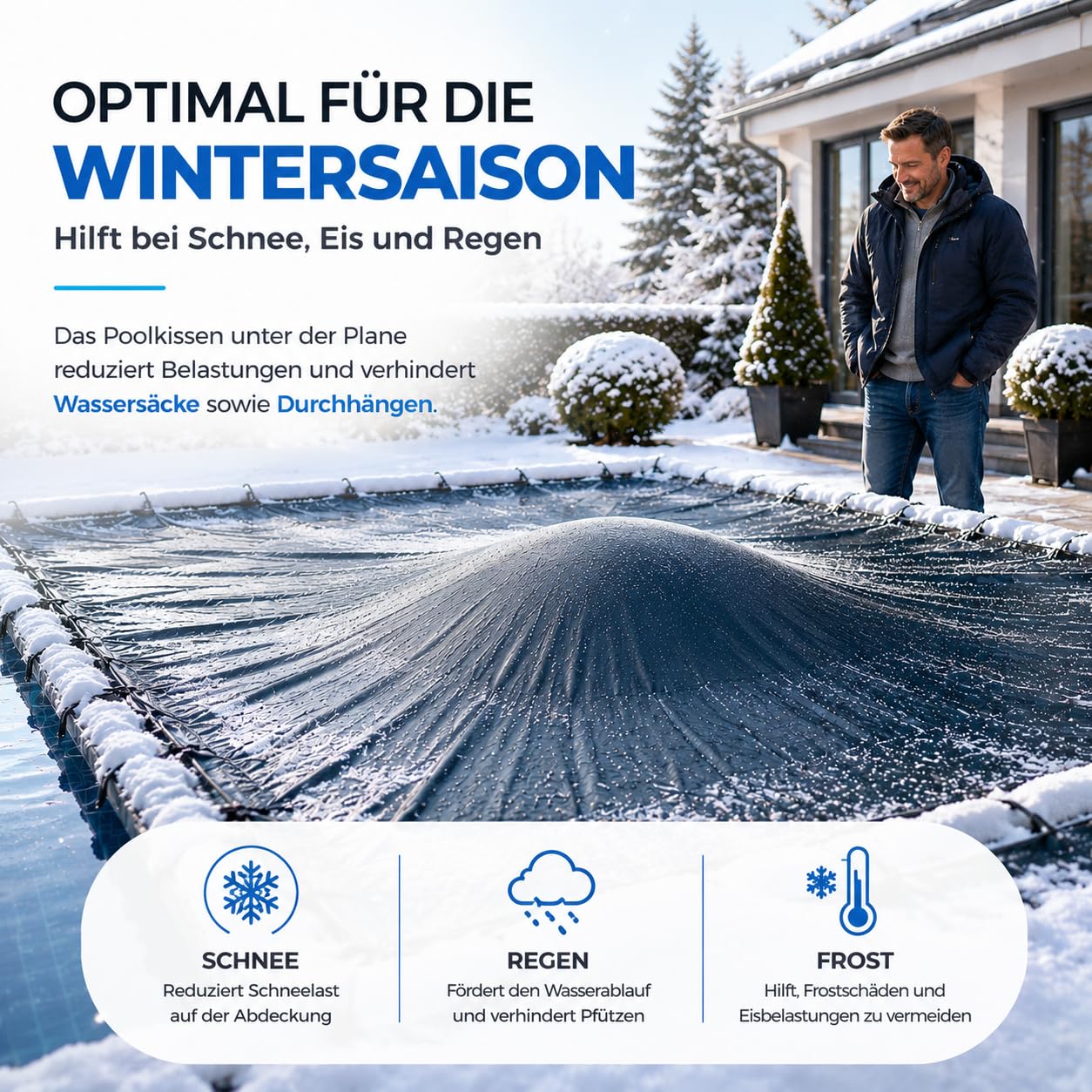 XXL Poolkissen zur Poolabdeckung 120 x 120 cm inkl. Seil – Rundes Luftkissen, Wintermittel für Abdeckung bei Winter und schlechtem Wetter, Zubehör für Pool Überdachung 4