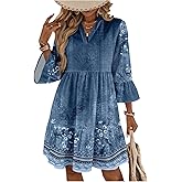 SOLY HUX Women's Boho Floral Ruffle Babydoll Dress Notched V Neck 3/4 Sleeve Flowy Short Dresses