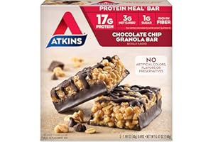 Atkins Chocolate Chip Granola Protein Meal Bar, High Fiber, 17g Protein, 1g Sugar, 3g Net Carbs, Meal Replacement, Keto Friendly, 5 Count