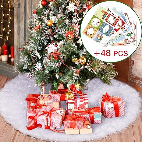 Joyjoz Gonna Albero Di Natale Tappeto Per Albero Di Natale Bianco Con 48 Adesivi Regalo Di Natale Tappeto Peloso Bianco Per Decorazioni Natalizie