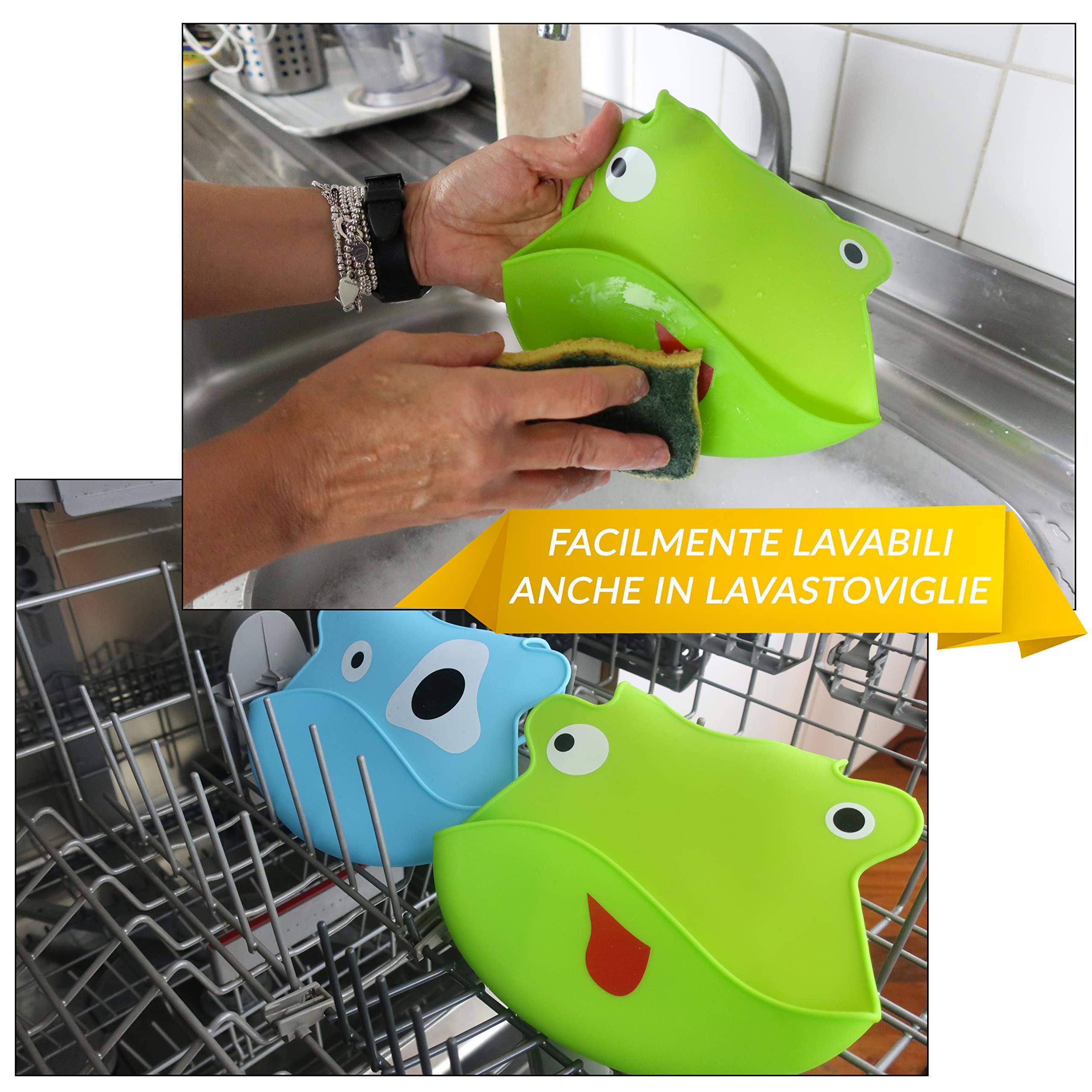 Bavaglini Neonato in Silicone Morbido con Tasca Raccogli Briciole e Pappa - Bavaglini Impermeabili per Asilo, Lavabili ed Inodori - Set 2 Bavette Neonato 2.0 Per Bambino e Bambina (Verde/Azzurro)