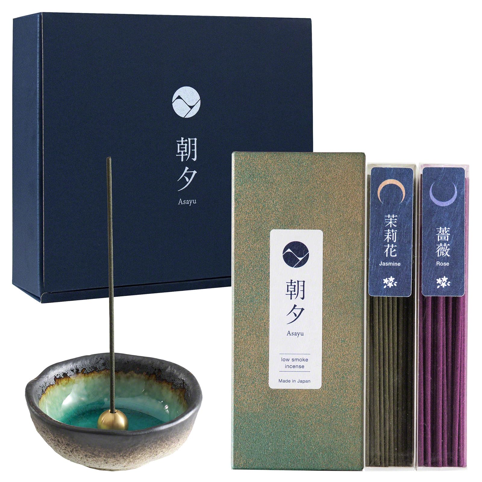 Asayu Japan Low Smoke Incense Gift Set with Incense Holder and Brass Stand, Premium Sakura Incense Sticks with White Lotus Holder (Floral Set + Nature Aquamarine Holder)