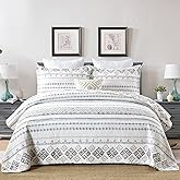 SahSahCasa Quilt King Size, Set, 100% Cotton Boho Quilt, Bedding Set Bedspreads, Bohemian Reversible Lightweight Striped Quilts Bedspread for All Season, White/Grey, 3 Pieces
