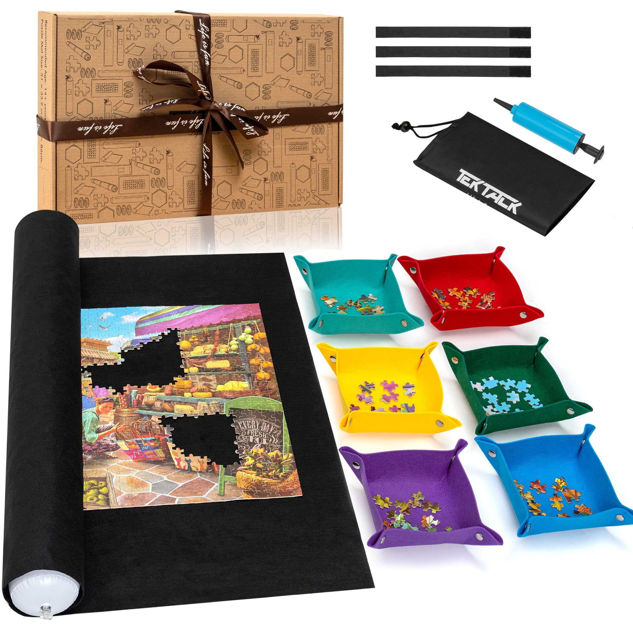 Tektalk Higher-Capacity Design, Jigsaw Puzzle Roll-up Mat in Delicate Packaging Box with with 6 Felt Sorting Trays & Hand Pump, for Saving and Storing for 2000, 1500, 1000, 500 Jigsaw Puzzle Pieces