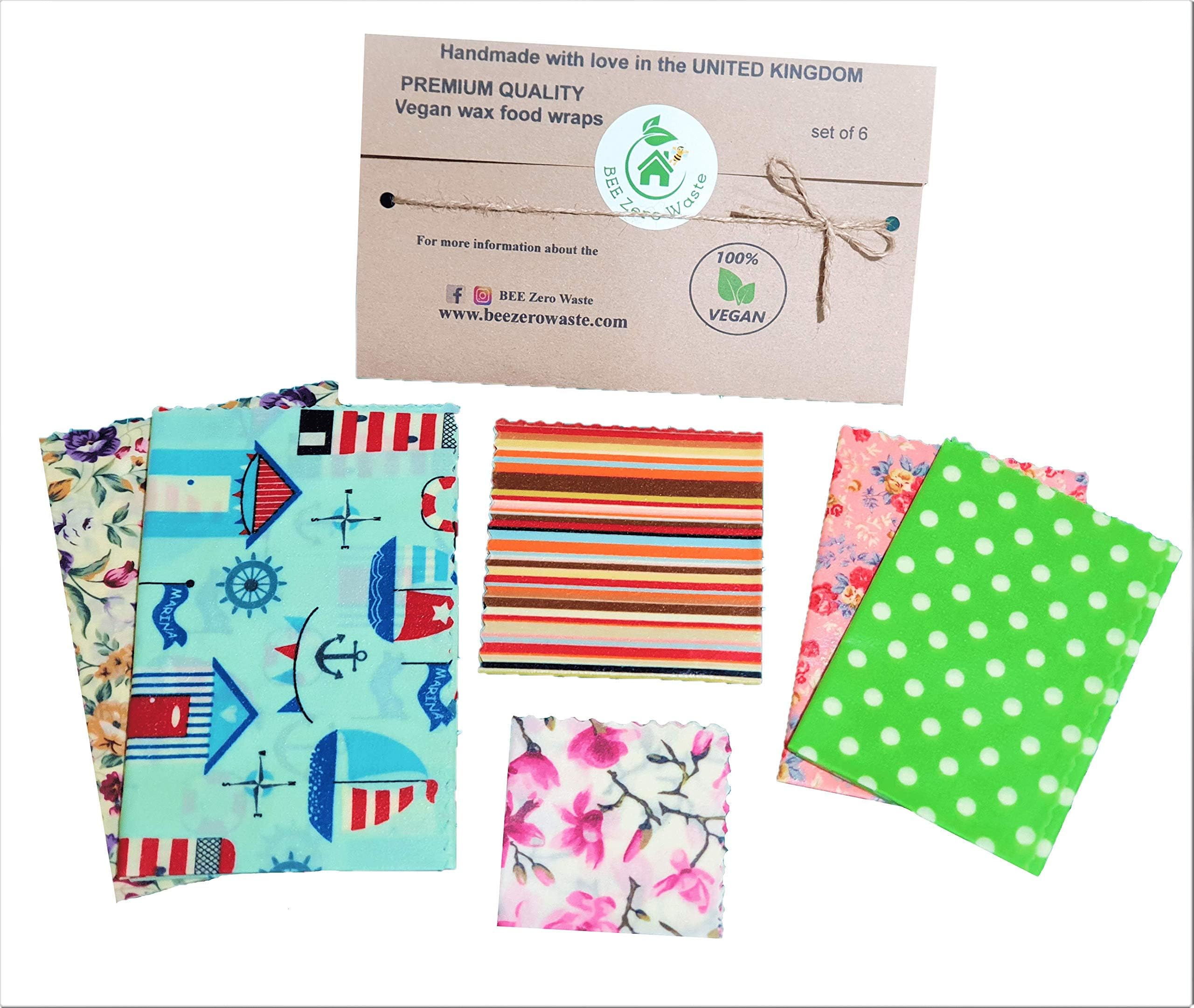 Plant based vegan Wax wraps, BEE Zero Waste, Random colours, GOTS organic cotton, alternative to cling film, sustainable, reusable, plastic free, no beeswax (Set of 6)