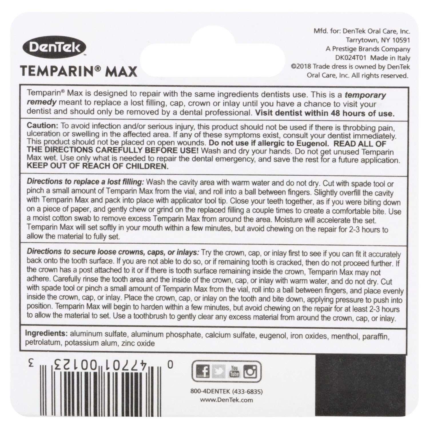 DenTek Temparin One Step Lost Filling Repair 1 Each (Pack of 2): Health & Personal Care