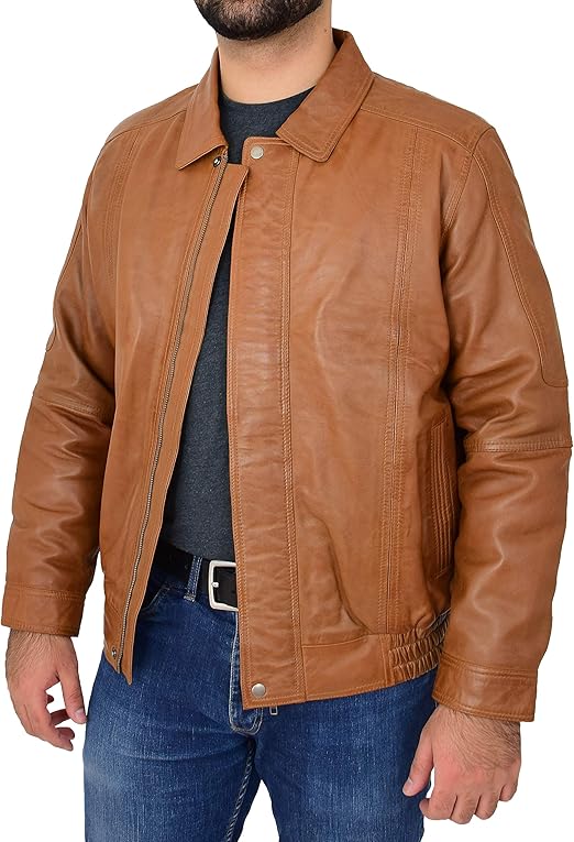Genuine Tan Leather Blouson Jacket for Gents Classic Bomber Regular Fit Coat Albert at Amazon 