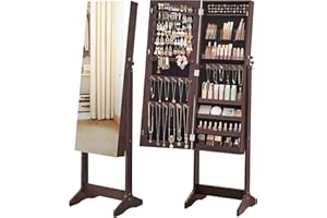 SONGMICS Jewelry Cabinet Armoire, Freestanding Lockable Storage Organizer Unit with 2 Plastic Cosmetic Storage, Full-Length Frameless Mirror, for Necklace Earring, Brown UJJC002K01