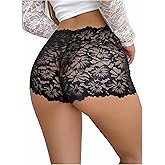WDIRARA Women's Floral Lace Boy Shorts Mesh Sheer Brief Panties Underwear