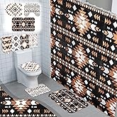 FuWeave 8 Pcs Western Aztec Shower Curtain Set Geometric Vintage Bathroom Decor Boho Abstract Pattern Waterproof Shower Curtain Aztec Towels Non Slip Rug Toilet Lid Cover Bath Mat with 12 Hooks