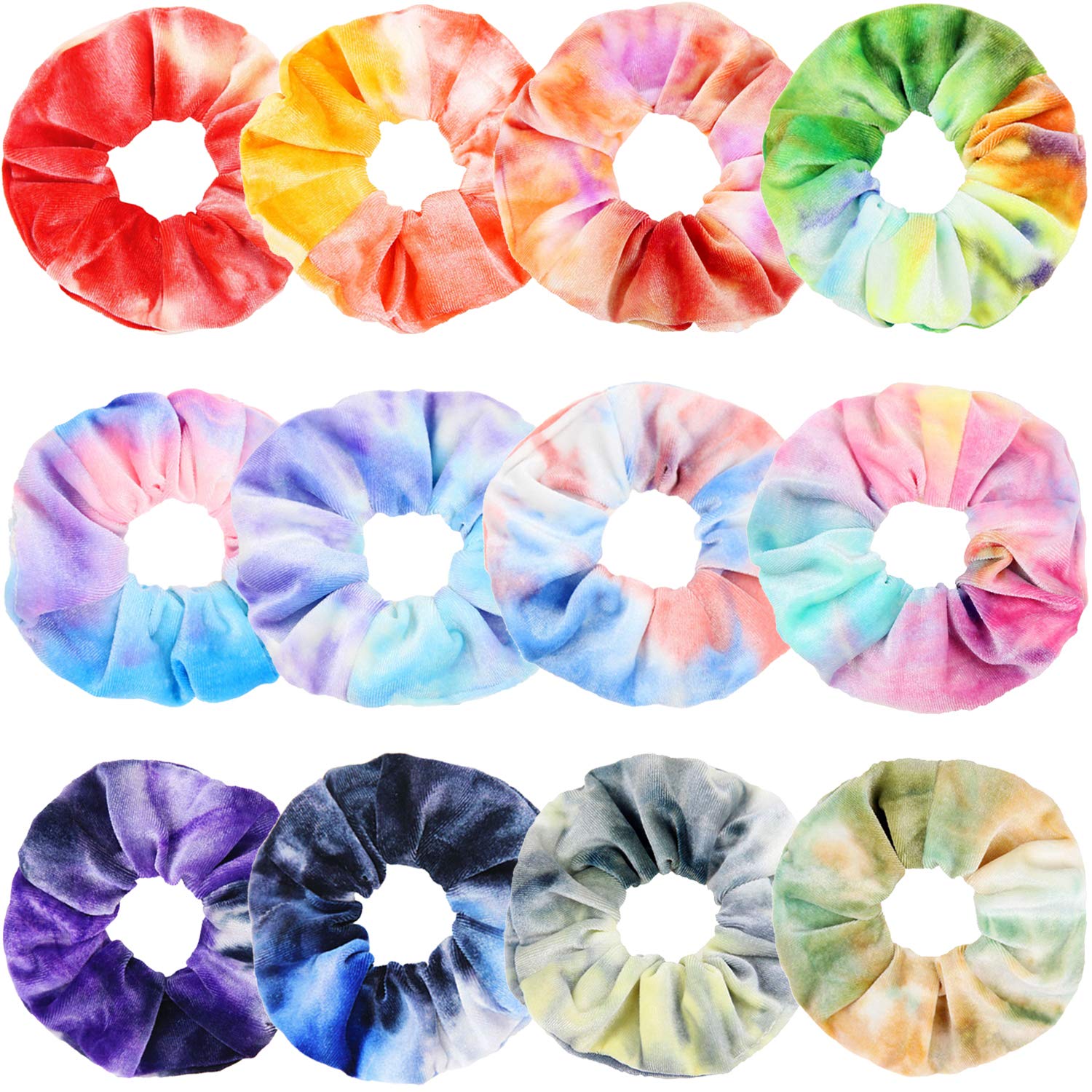 VENUSTE Tie Dye Scrunchies for Girls, Premium Velvet Scrunchy for Hair, Cute Rainbow Elastic Bands, Soft Ropes Ponytail Holder Hair Accessories, 12 Pack
