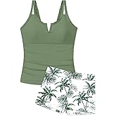 TyeSmo Girls Swimsuit V-Neck Cutout Tankini Tropical Print Swimwear with Shorts 2 Piece Bathing Suit for Girls 7-16Y
