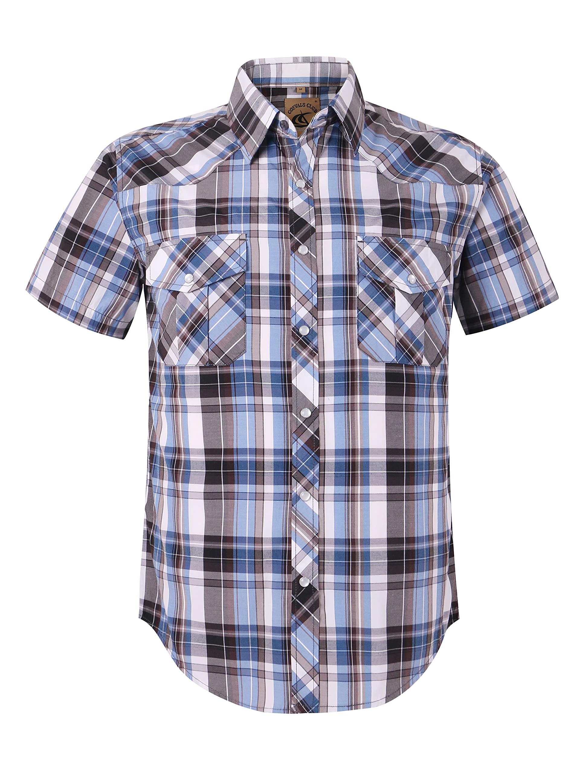 Photo 1 of COEVALS CLUB Men's Western Cowboy Short Sleeve Pearl Snap Casual Plaid Work Shirts (Light Blue & Gray #10 3XL)