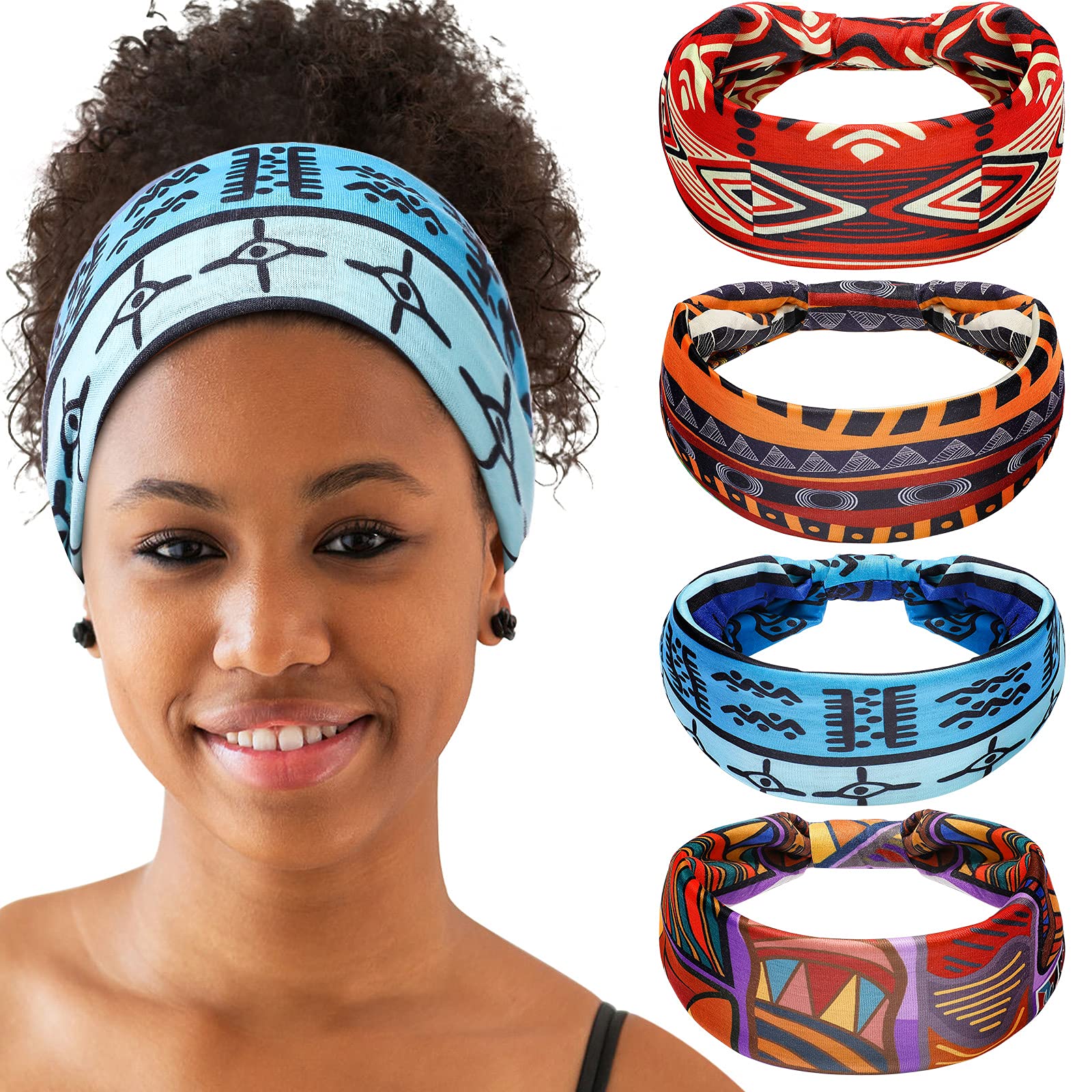 4 Pieces African Headbands Knotted Wide Yoga Stretchy Bandeau African Headwrap Hair Accessories for Women and Girls (Chic Series)
