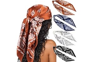 DRESHOW 35” Large Square Satin Head Scarf - 4Pcs Silk Accessories Classic Patterned Squares Beach Bandanas for Women