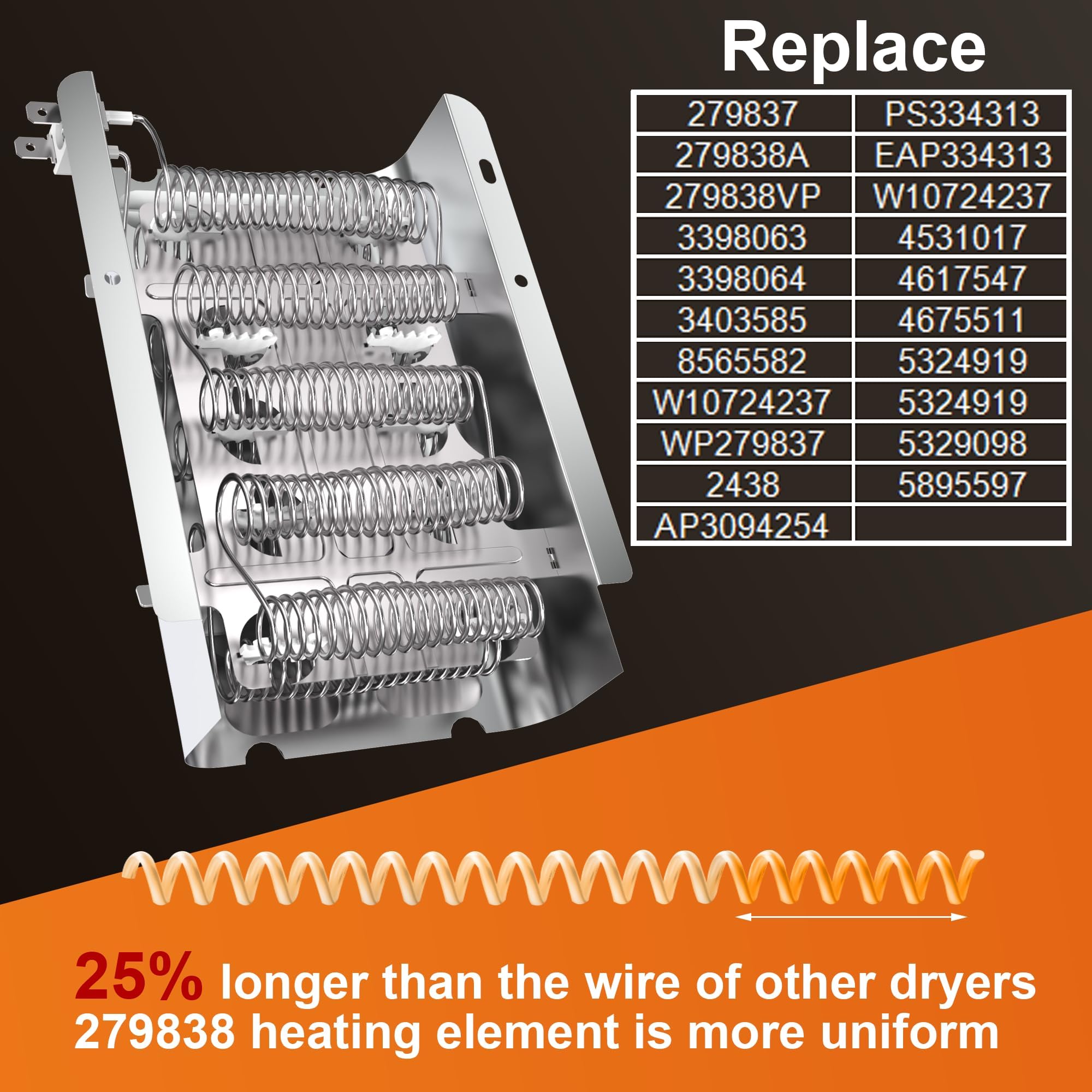 Hot Selling 279838 W10724237 Dryer Heating Element 3403585 For Whirlpool wed4815ew1 Kenmore 110 500 600 Maytag Medc215ew1 Roper Amana ned4655ew1 Replaces 3398064 2406026 3403585 Romalon OEM