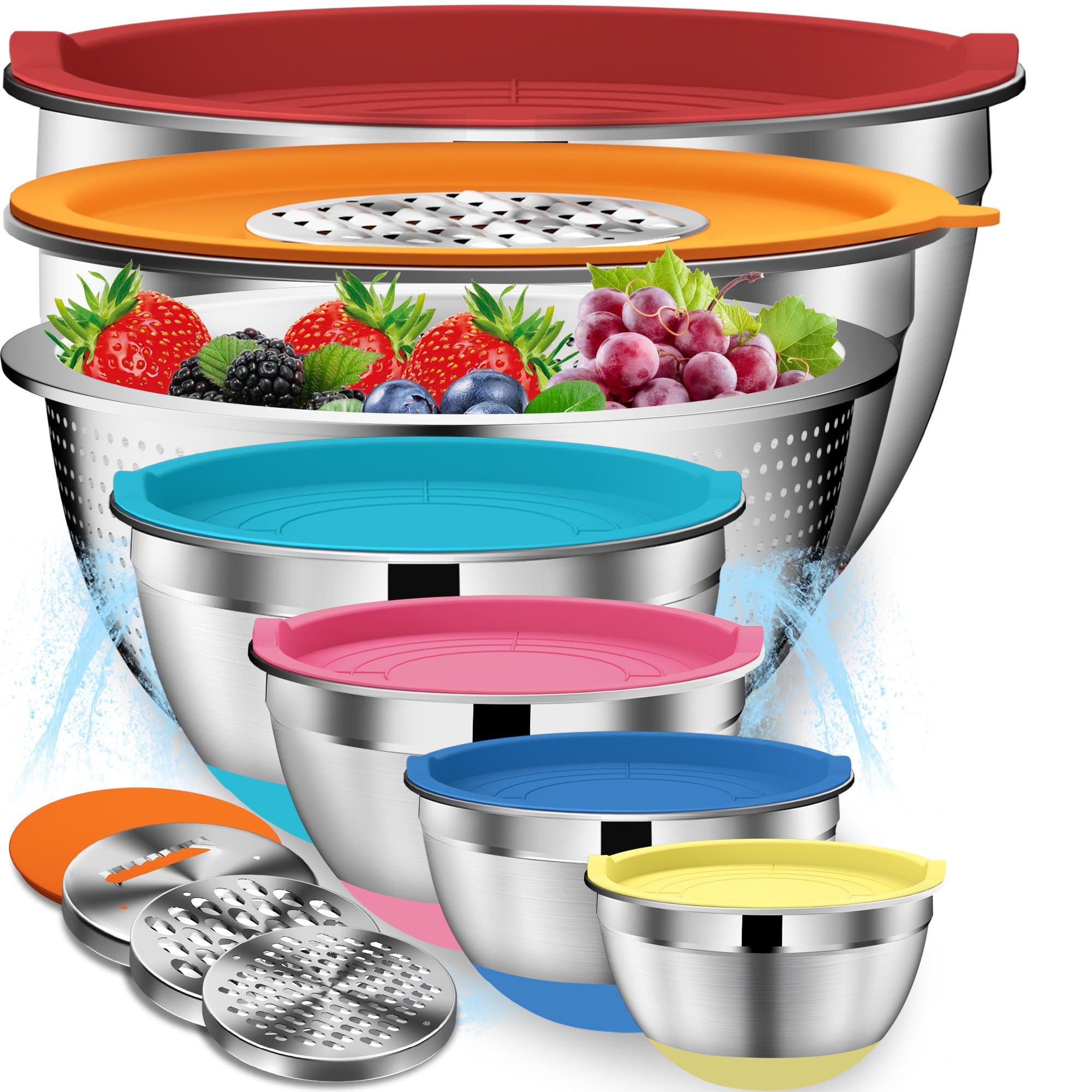 DUTZUN Mixing Bowls with Lids Set - 16pcs Stainless Steel Mixing Bowl Set with Colander, 3 Grater Attachments, Non-Slip Bottom, Metal Nesting Bowls with Strainer for Mixing & Serving - Multicolor Image