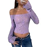 Avidlove Lace Long Sleeve Tops for Women Y2k Off The Shoulder Tops Sexy Sheer Bell Sleeve Going Out Tops