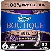 Always Discreet Boutique Adult Incontinence Bladder Leak Panty Liners for Women, Very Light Absorbency, Long Length, Up to 100% Bladder Leak Protection, 32 Count