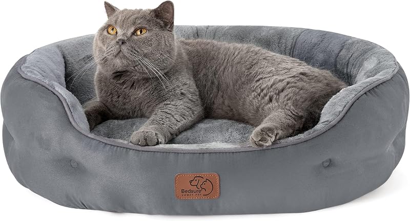 Bedsure Large Cat Bed 63x53x20cm Round Washable Grey Non-Slip Bottom