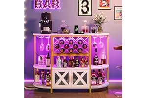 YITAHOME Bar Table Cabinet w/Power Outlet, LED Home Mini Coffee Bar Cabinet for Liquor, Metal Wine Cabinet Bar Stand with 4-Tier Storage and 2 Doors, for Kitchen, Dining Room, White & Gold