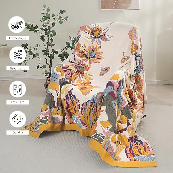 BOHO COTTON THROW BLANKET – LARGE SOFT ALL-SEASON BLANKET, LIGHTWEIGHT BLANKET WITH RUSTIC FLORAL DESIGN FOR BED AND COUCH, SUITABLE FOR LIVING ROOM AND FARMHOUSE DECOR