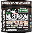 Organic Mushroom Supplement | Ashwagandha Lions Mane Cordyceps Turkey Tail Reishi Mushrooms Maca Root Black Hoof Chaga Tremella Agarikon Shiitake Oyster Powder Capsules Sporgenic by Clean Nutra (1)