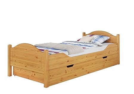 Erst-Holz® Massivholz-Bett Kiefer Natur 100x200 Einzelbett Rollrost Matratze Bettkasten 60.30-10 M S4