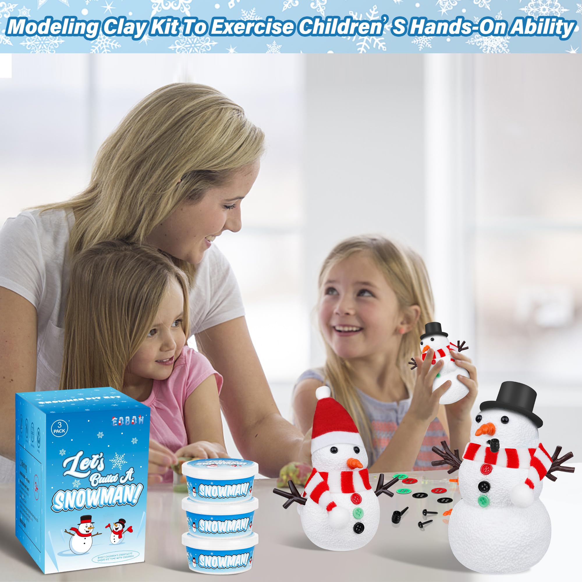 Christmas Craft Snowman Kit, 3 Pack DIY Snowman Craft Kit for Kids, Build a Snowman Indoor Decor, Creative Kids Air Dry Modeling Clay, Xmas Activities Christmas Making Kit for Toys Favors