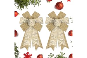 Hying 2 Pieces Christmas Bows for Wreath, Christmas Wreath Bow Glitter Golden Xmas Bows Winter Snowflake Craft Bows Ornaments for Front Door New Year Christmas Party Decoration Supplies