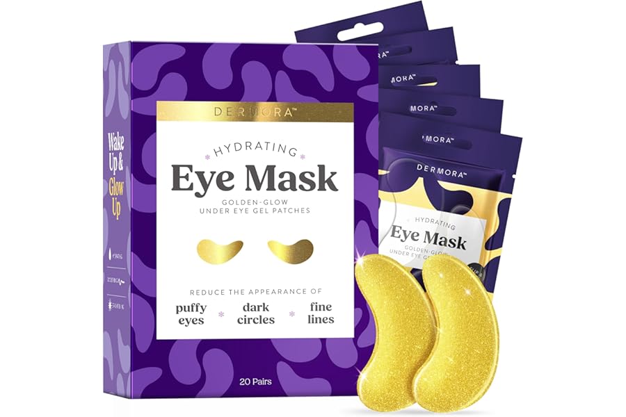 DERMORA Golden Glow Under Eye Patches | Rejuvenating Treatment | Dark Circles, Puffy Eyes, Refreshing, Revitalizing, Travel, Wrinkles | 20 Pairs Eye Gels