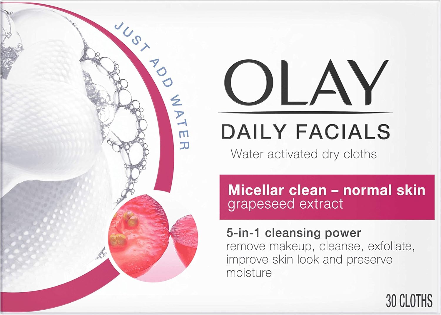 Olay Daily Facials 5-in-1 Water Activated Dry Cloths - Micellar Clean for Normal Skin with Grapeseed Extract