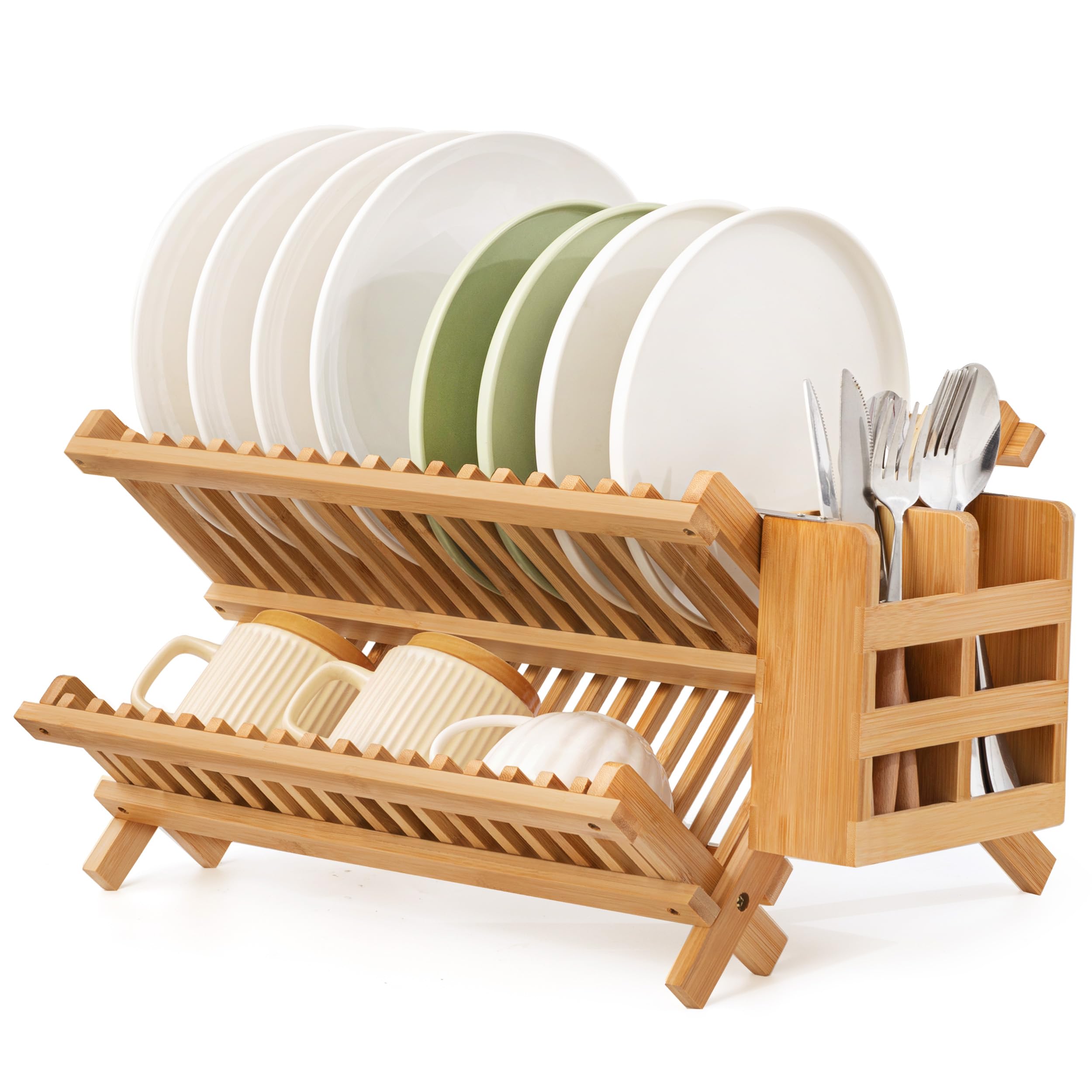 Photo 1 of Oyydecor Bamboo Dish Drying Rack with Utensil Holder, 2 Tier Collapsible Dish Rack for Kitchen Counter, Large Folding Drying Holder, Dish Drainer, Kitchen Organizers and Storage