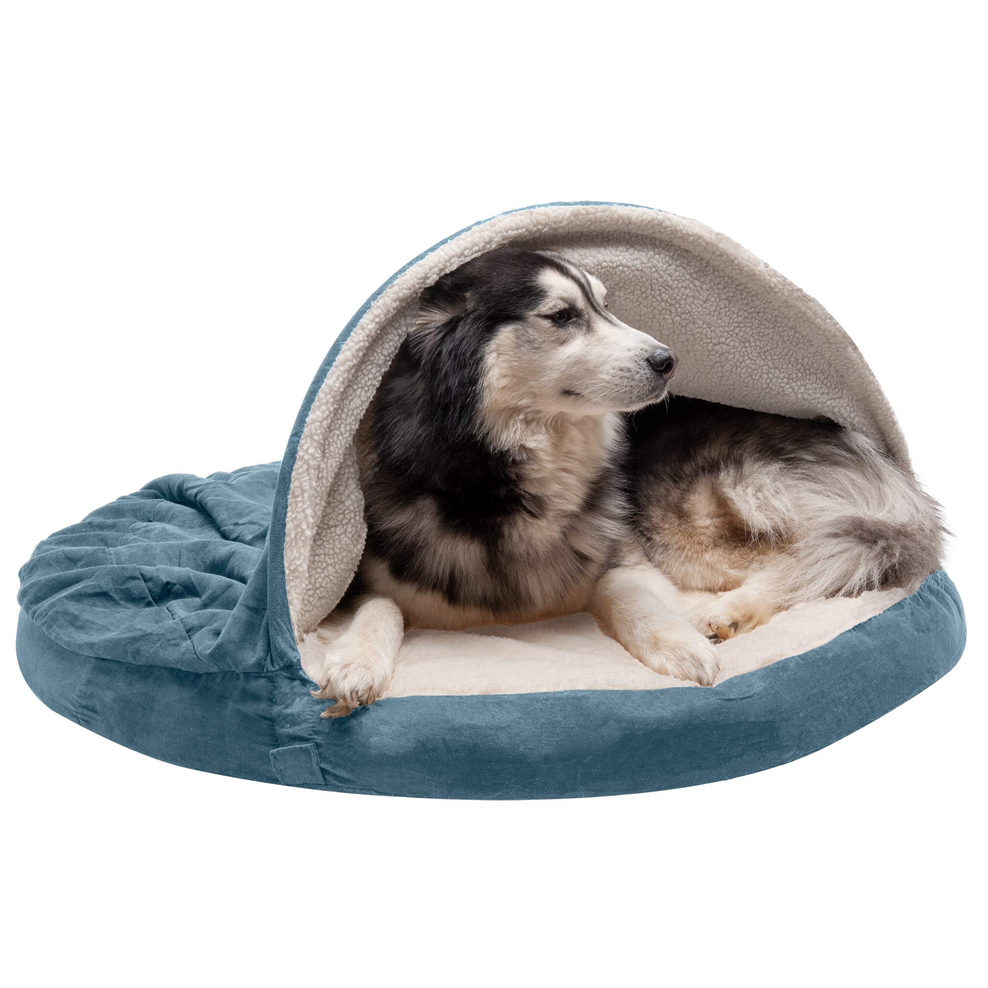 Furhaven 44" Round Memory Foam Dog Bed for Large Dogs w/ Removable Washable Cover, For Dogs Up to 80 lbs - Sherpa & Suede Snuggery - Blue, 44-inch