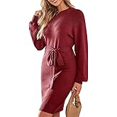 Dokotoo Womens 2025 Fall Sweater Dress Crewneck Long Sleeve Empire Waist Ribbed Knit Mini Dress with Belt