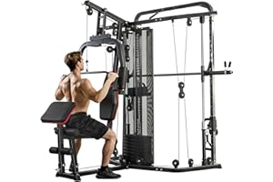 Soozier All-in-One Home Gym Smith Machine, Strength Training Power Cage with 143LBS Weight Stack, Cable Pulley System, Chest 