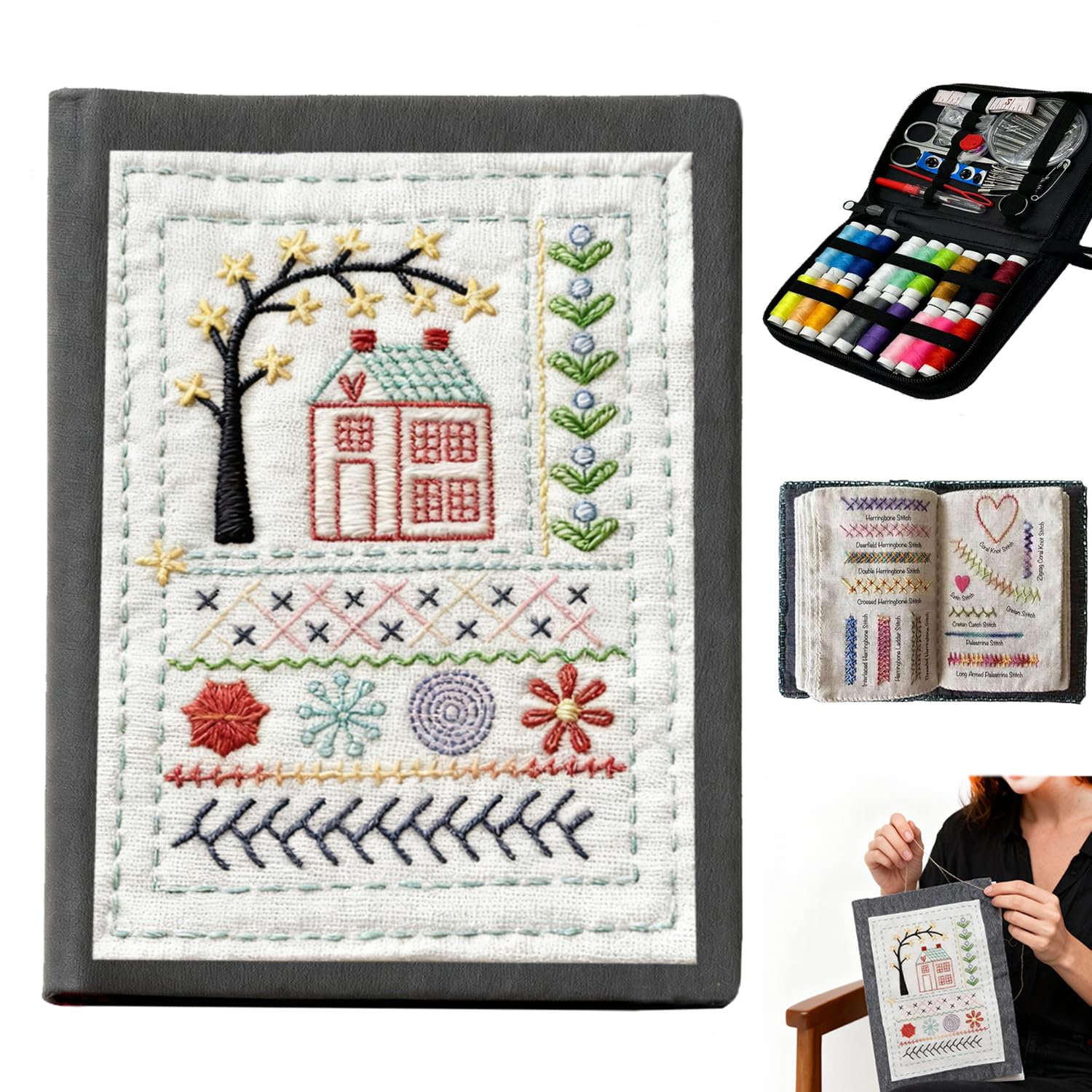Photo 1 of 2026 New Embroidery Stitch Book Kit,All Scenario Embroidery Learning Book,Comes with a Complete Toolkit and Instructional Tutorial,Hand Embroidery Patterns Kit for DIY and Sew Enthusiast