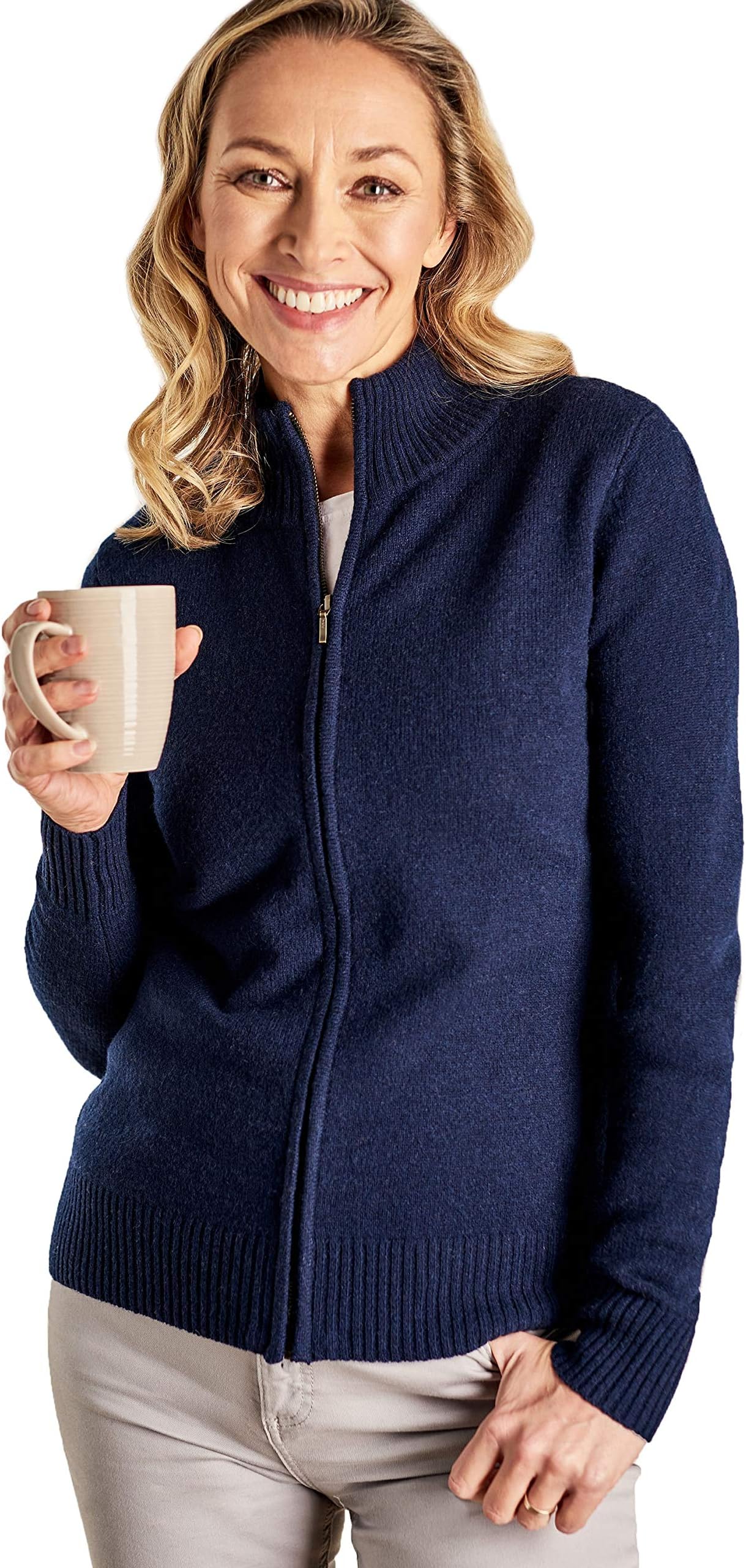 WooloversWomens Lambswool Fitted Zip Thru Cardigan Navy, M