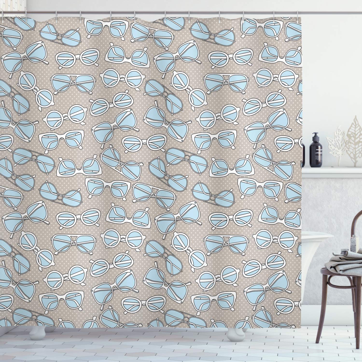 ABAKUHAUS Retro Shower Curtain, Vintage Hipster Glasses Pattern on Polka Dots Backdrop Eyesight Optic Design, Cloth Fabric Bathroom Decor Set with Hooks, 175 x 200 cm, Pale Blue Tan White
