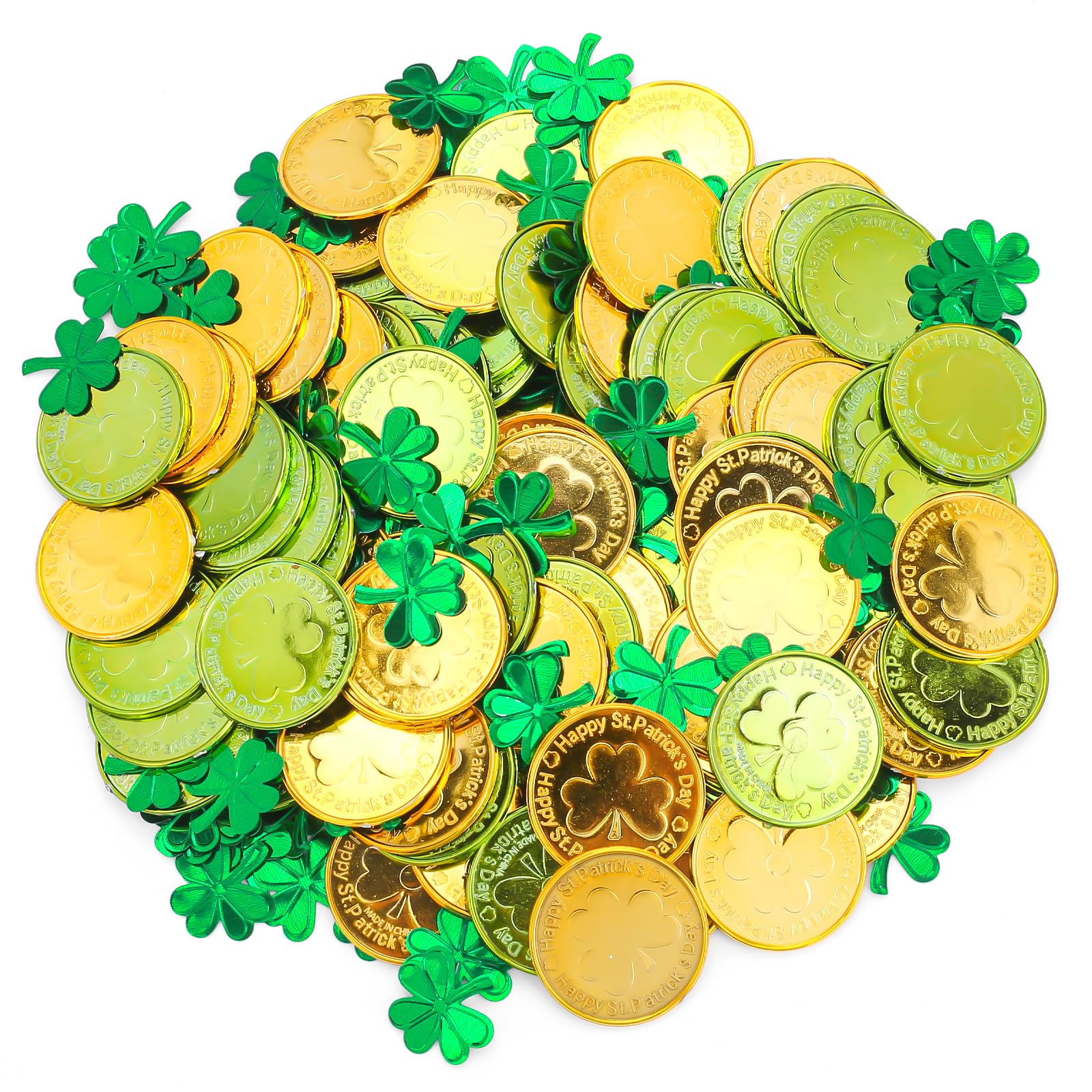 Photo 1 of 100pcs St Patrick's Day Coins,Shamrock Plastic Coins with Confetti for St Patrick's Day Party Table Home Decoration Supply,Gold and Green