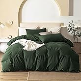 JIYUAN 100% Washed Cotton Duvet Cover Set Queen Size 3 Pieces, Linen Feel Soft Breathable Bedding Set with Zipper Closure, 90x90 Duvet Cover (Comforter Not Included) & 2 Pillowcases,Forest Green