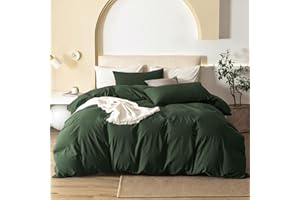 JIYUAN 100% Washed Cotton Duvet Cover Set Comfy Simple Style Soft Breathable Textured Durable Linen Feel Bedding for All Seasons King, Forest Green