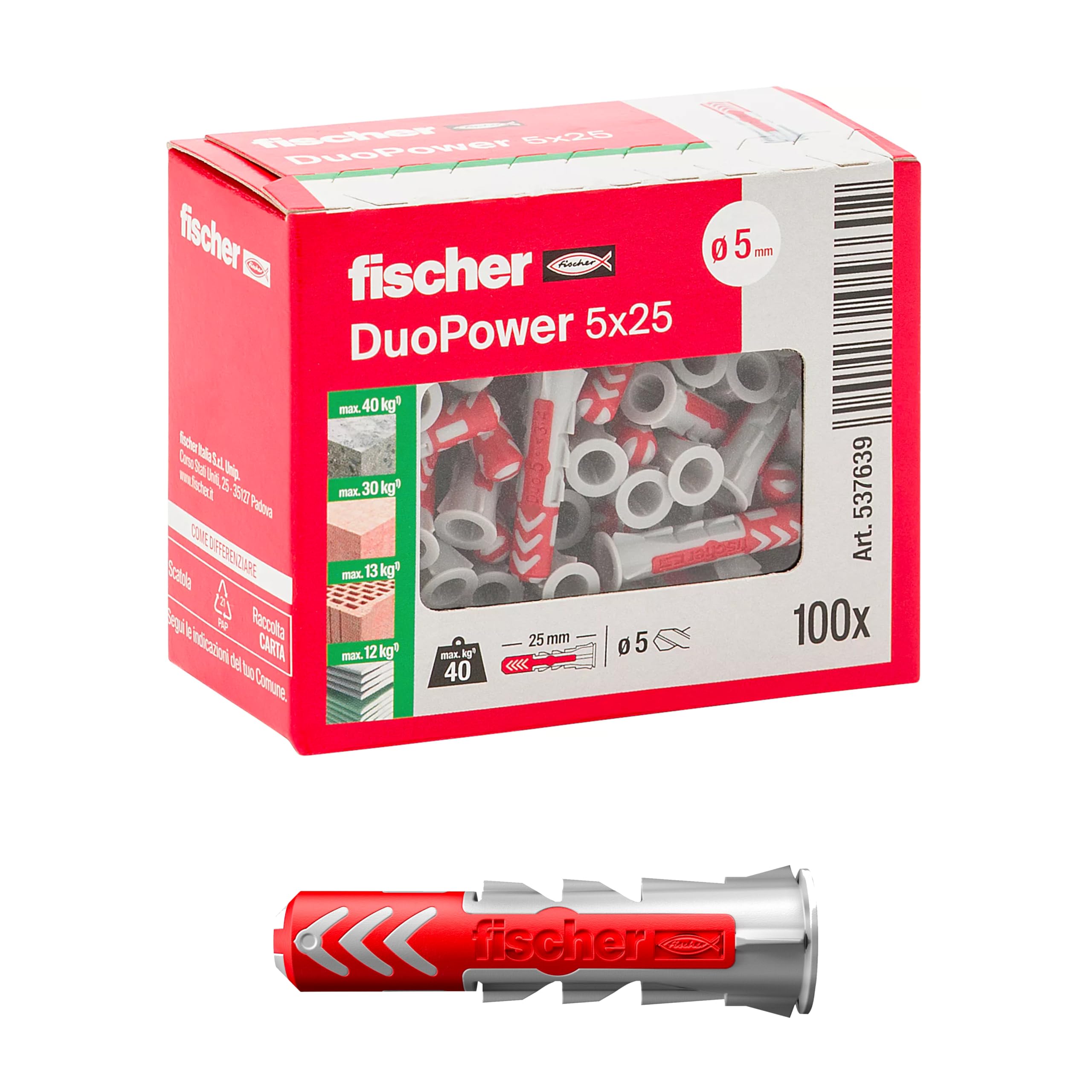 Fischer 537639 Dowel DUOPOWER, Grey/Red, 5 X 25 mm, Pack of 100