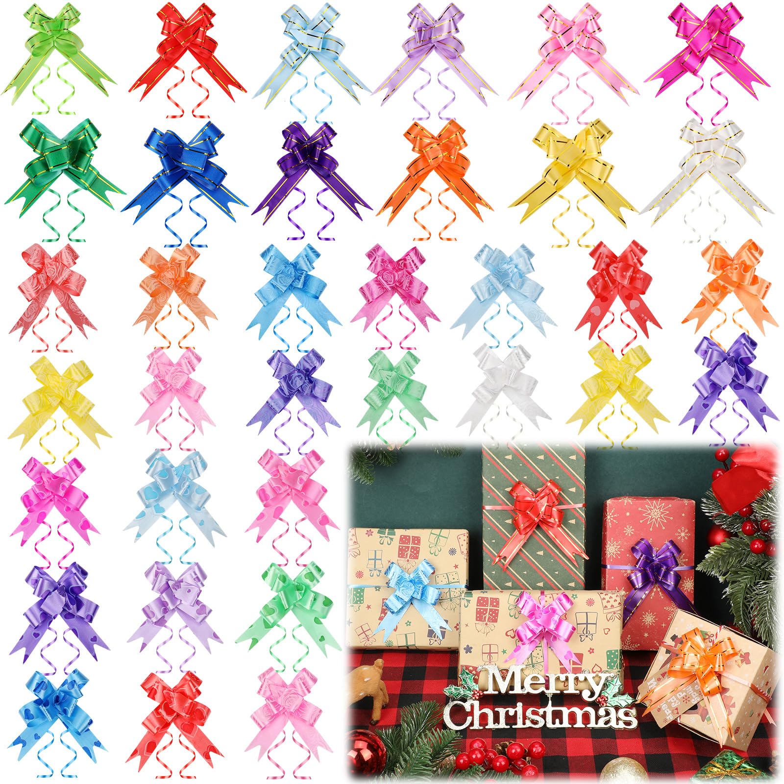 Photo 1 of WILLBOND 200 Pcs 32 Colors Christmas Pull Bows Bulk for Gifts Wrapping, Decorative Assorted Colors Gift Wrap Pull Bows Ribbon for Xmas Birthday Wedding New Year Party Decorations, 1.8 cm Width