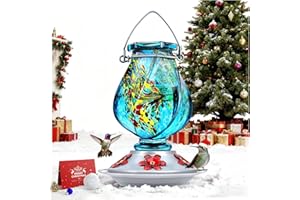 BOLITE Hummingbird Feeder, Hand Blown Glass Hummingbird Feeders for Outdoors Hanging, with Ant Moat and 5 Feeding Ports, 22 Ounces, Blue, Birthday Gifts for Women Men, Gifts for Mom Dad