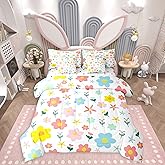 Erosebridal Cute Flower 7 Piece Bedding Set Twin Size,Cartoon Floral Bed in a Bag for Kids Girls Teens Toddler Yellow Pink Blossom Petal Comforter Set with Sheets Kawaii Bed Set, Red Blue