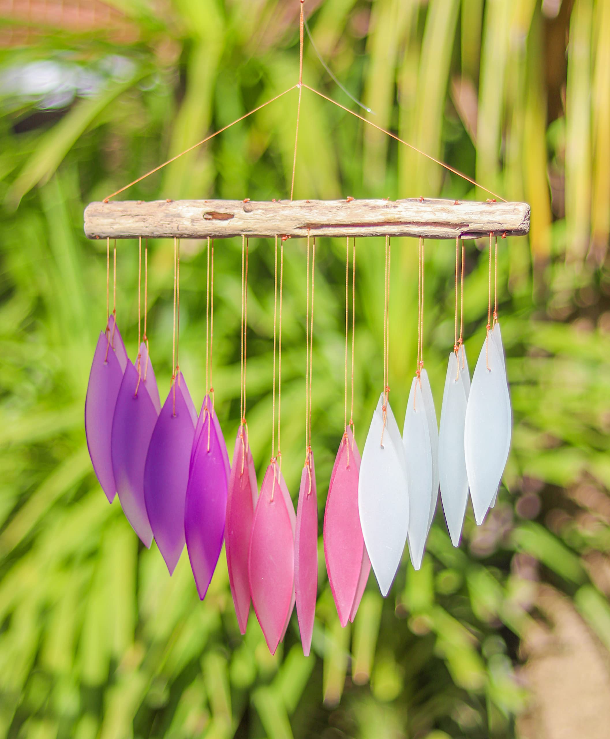 Pink Purple Glass Wind Chime Recycled Glass and Bamboo Driftwood Garden Chime Hanging Outdoors Indoors Multicoloured Fairtrade Eco Friendly Handmade Fairtrade